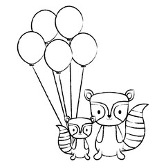 cute raccoons and balloons over white background, vector illustration