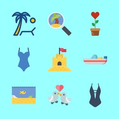 tropical vector icons set. swimsuit, love birds, plant and sea life in this set