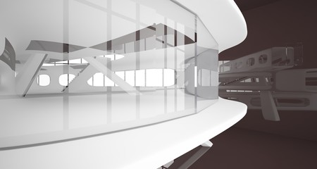 Abstract dynamic interior with brown smooth objects. 3D illustration and rendering