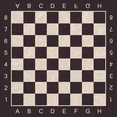 Grunge chess Board with letters and numbers. Vector chess Board for chess and checkers.