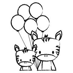 cute zebras and balloons over white background, vector illustration