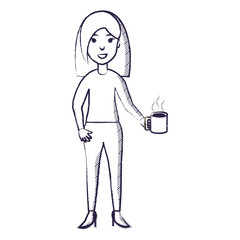 cartoon woman with a coffee mug over white background, vector illustration