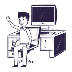 happy designer man at the desk over white background, vector illustration