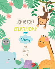 Cute animal theme birthday party invitation card vector illustration.