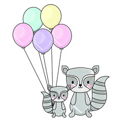 cute raccoons and balloons over white background, vector illustration