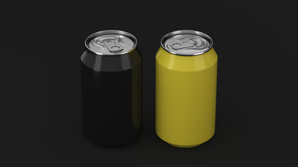 Two small black and yellow aluminum soda cans mockup on black background