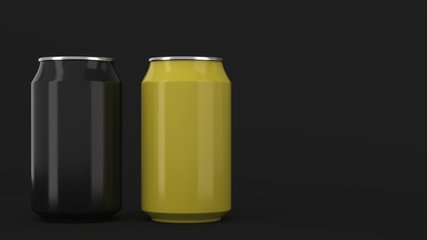 Two small black and yellow aluminum soda cans mockup on black background
