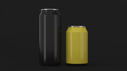 Big black and small yellow aluminum soda cans mockup