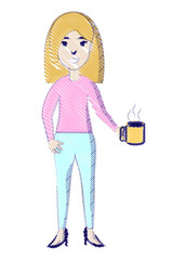 cartoon woman with a coffee mug over white background, vector illustration