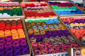 Multicoloured Wool Yarns on Mexican Market Stall.