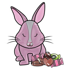 cute rabbits with candies over white background, vector illustration