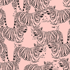 Abstract Tiger seamless pattern. Wild life animals. Black and pink texture background. Illustration.