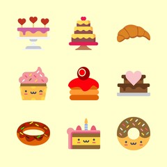 cake vector icons set. kruassan, piece of cake, donut and cupcake in this set