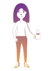 cartoon woman with a coffee mug over white background, vector illustration
