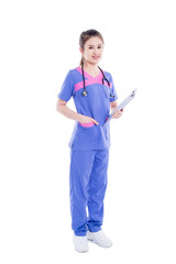 Full length of beautiful asian nurse standing over white background