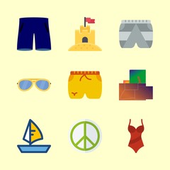 beach vector icons set. swimsuit, shorts, short and sunglasses in this set - 217091085