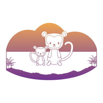 cute monkeys on a grass over white background, vector illustration