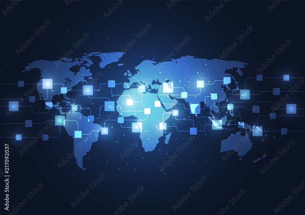 Aufkleber blockchain concept banner with abstract geometric polygonal with connecting dots and lines. science 