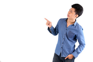 Asian guy smiles against white background in studio.