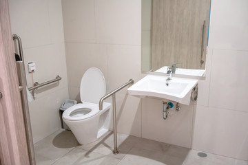 Interior of restroom for elderly people with lavatory toilet bowl and handrail