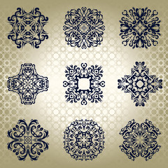 Set of decorative floral elements in vintage style. Seamless background. Vector illustration