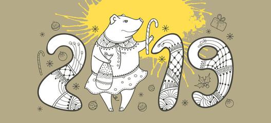 Vector composition of outline happy pig and yellow blot on the pastel beige background. Symbol of Chinese New Year 2019 in contour style. Ornate pig and winter decoration for holiday design.