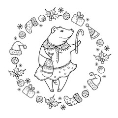 Vector greeting with outline happy pig with Christmas cane in black isolated. Symbol of Chinese New Year 2019 in contour style. Ornate pig and decoration for winter holiday design and coloring book.