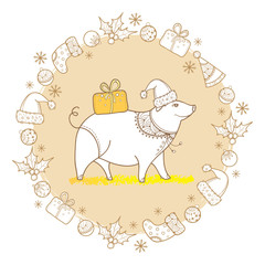Vector greeting of outline pig with Christmas gift in pastel beige isolated. Symbol of Chinese New Year 2019 in contour style. Round composition with ornate pig and holiday decor for winter design.
