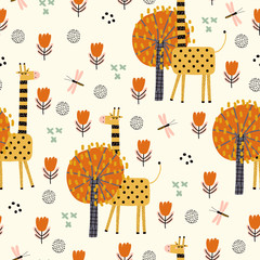 Seamless pattern with cute giraffe and tropical plants. Vector texture in childish style great for fabric and textile, wallpapers, backgrounds. Creative jungle childish texture.