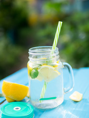 Lemonade with lemon and mint and copy space