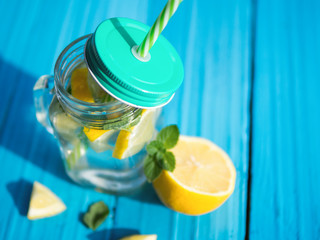 Lemonade with lemon and mint and copy space
