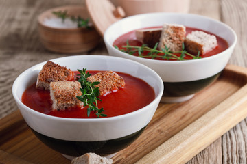Tomato soup  with rye bread croutons and thyme