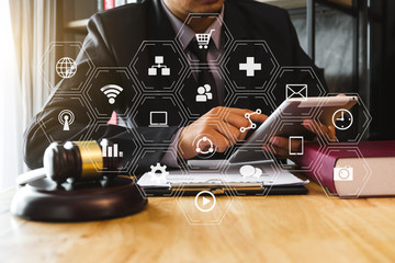 Digital marketing media in virtual screen.businesswoman hand working with mobile phone and modern...