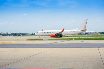 Airplane being preparing ready for takeoff on runway  in airport.