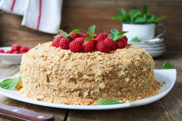 Honey cake with raspberries on a plate  
