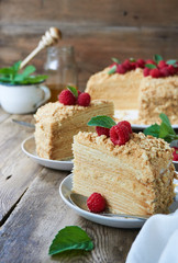 Piece of honey cake with raspberries on a plate  