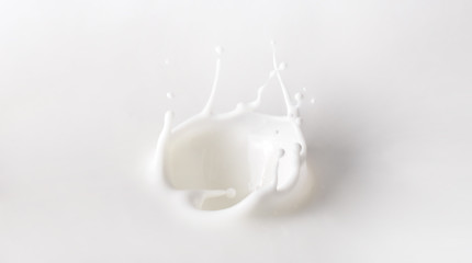 Milk Splash On White Background. Splashes of milk, splashing yogurt or cosmetic cream close-up. Template for the falling in the milk berry or a piece of fruit.