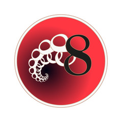 number 8 circular label with fractal spiral tail pattern in red