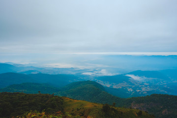 high mountains peaks range clouds in fog scenery landscape national park view outdoor  at Chiang Rai, Chiang Mai Province, Thailand