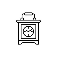 Vector illustration of vintage desk carriage clock. Line icon of analog device for measuring time. Old tabletop wooden clock with handle. Isolated object on white background.