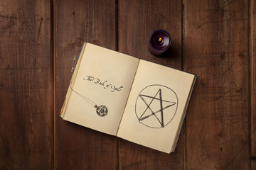 An overhead photo of a grimoire with pentacles and copy space