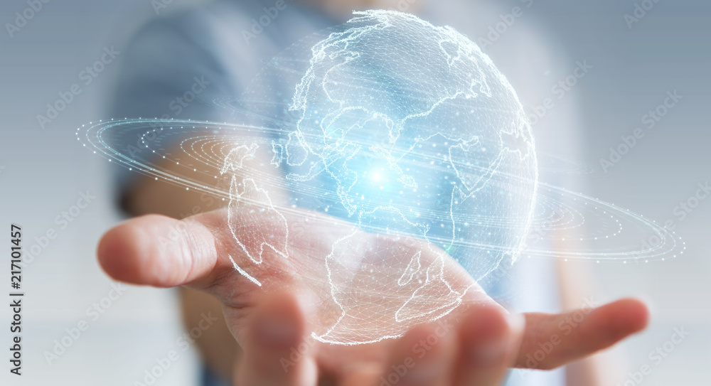 Aufkleber businessman using globe network hologram with america usa map 3d rendering