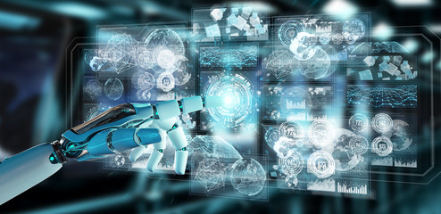 White cyborg hand using digital datas interface 3D rendering