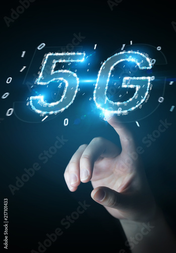Businesswoman using 5G network digital hologram 3D rendering