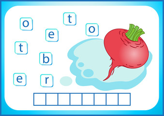 ДруSchool education. English flashcard for learning English. We write the names of vegetables and fruits. Words is a puzzle game for children. Worksheet, put the letters in the cell.к