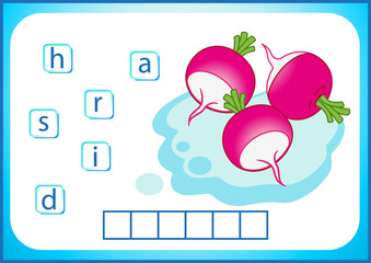 ДруSchool education. English flashcard for learning English. We write the names of vegetables and fruits. Words is a puzzle game for children. Worksheet, put the letters in the cell.к