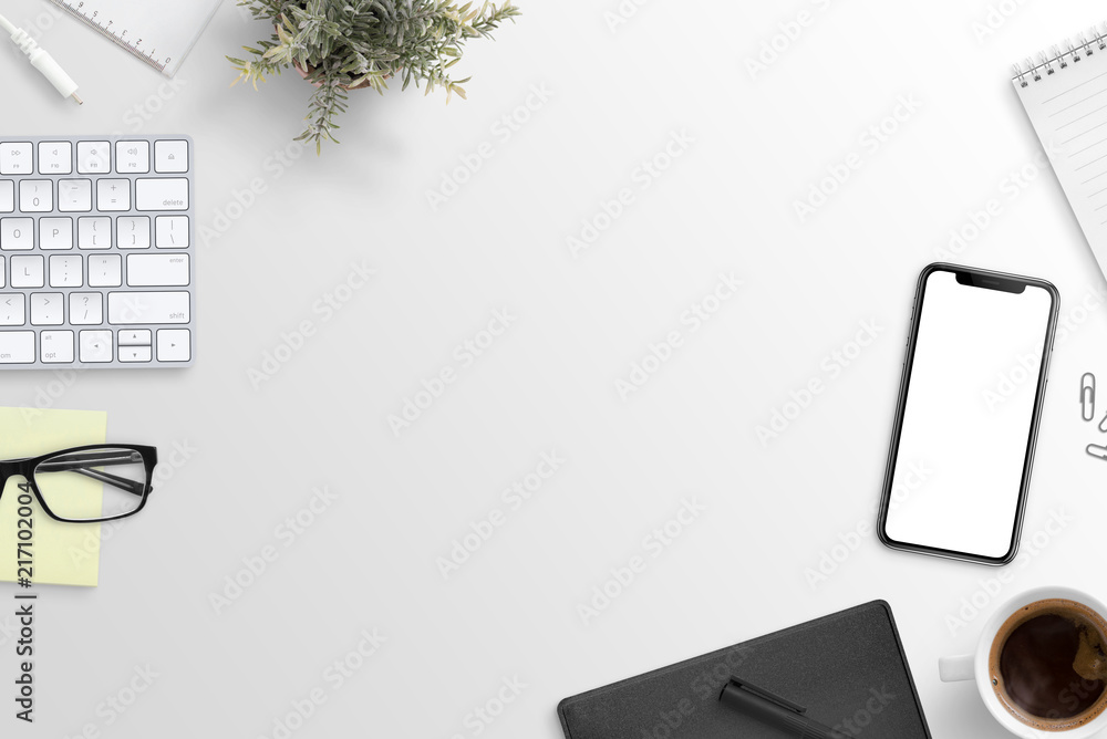 Aufkleber designer desk with free space in the middle for text. flat lay scene with smart phone, cup of coffee