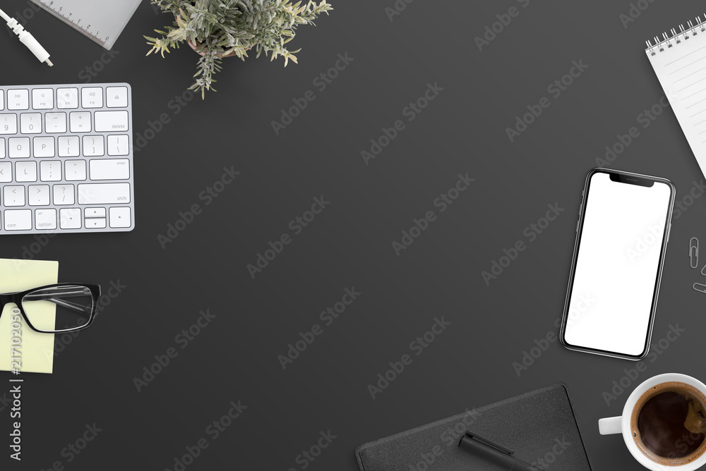 Poster work desk flat lay concept. black desk with free space in the middle.