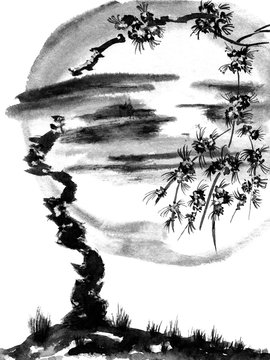 Sakura tree on the background of the Moon. Monochrome watercolor and ink illustration in style sumi-e, u-sin. Oriental traditional painting.