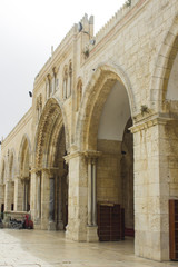 The arched stone wall entrance to the Al Aqsa Mosque on the ancient Temple mount in Jerusalem Israel 